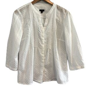 Talbots White Pintuck Swiss Dot Cotton Shirt, Size Medium